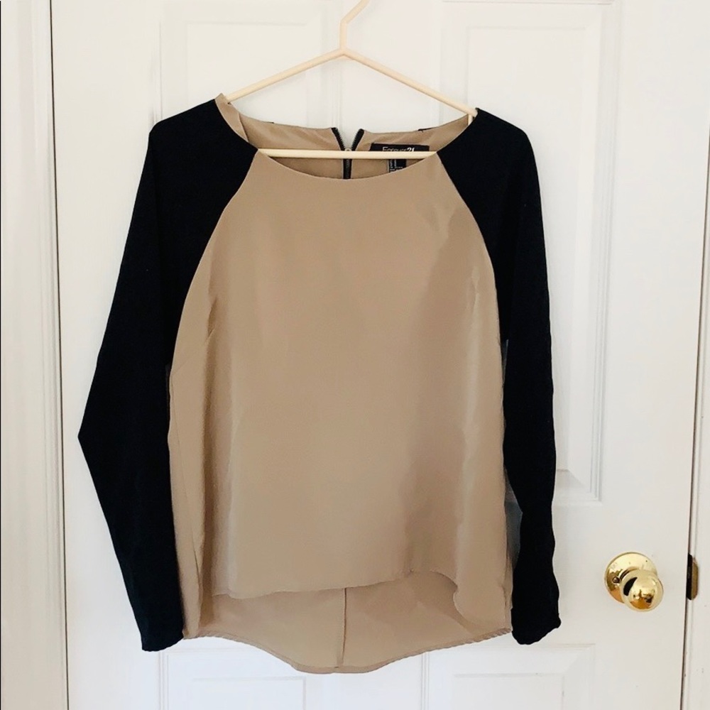 Forever21 Tan And Black Long Sleeve Blouse
